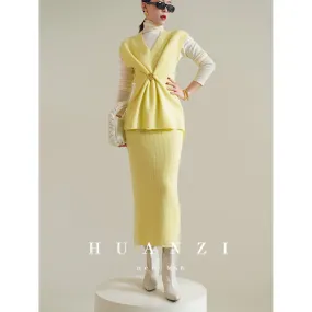 Huanzi custom knitted elegant fashion minimalist lazy V-neck suit fishtail skirt vest cardigan autumn and winter women