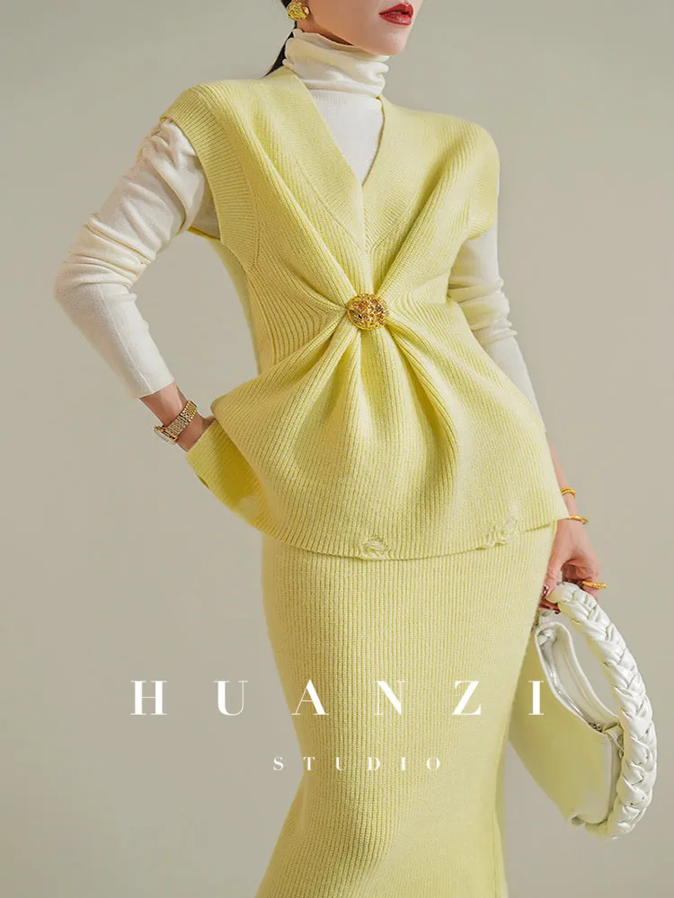 Huanzi custom knitted elegant fashion minimalist lazy V-neck suit fishtail skirt vest cardigan autumn and winter women