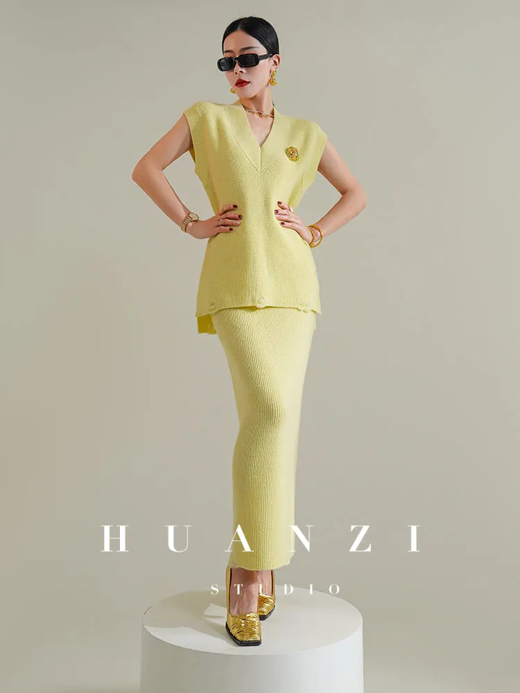 Huanzi custom knitted elegant fashion minimalist lazy V-neck suit fishtail skirt vest cardigan autumn and winter women