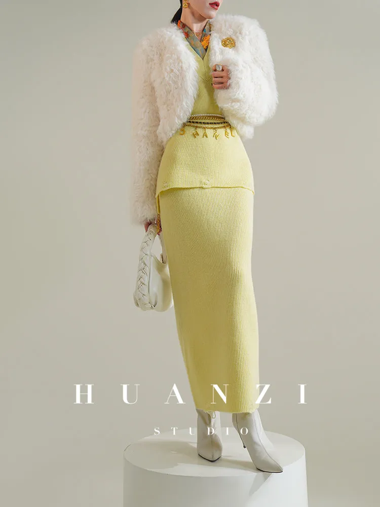 Huanzi custom knitted elegant fashion minimalist lazy V-neck suit fishtail skirt vest cardigan autumn and winter women