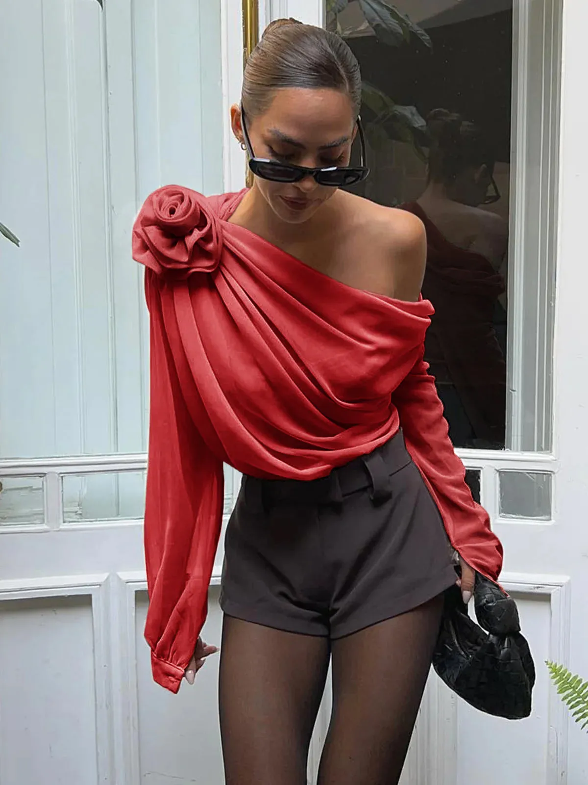 Ivyshape | Chiffon Semi-Sheer One Shoulder Asymmetrical Blouse for Women