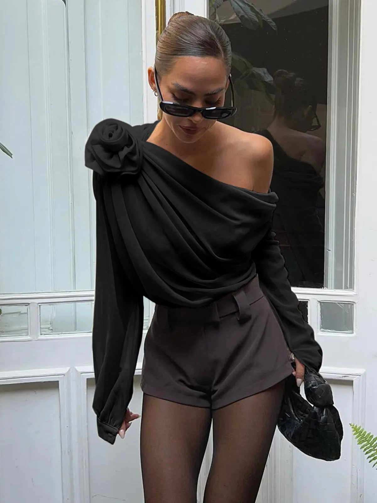 Ivyshape | Chiffon Semi-Sheer One Shoulder Asymmetrical Blouse for Women