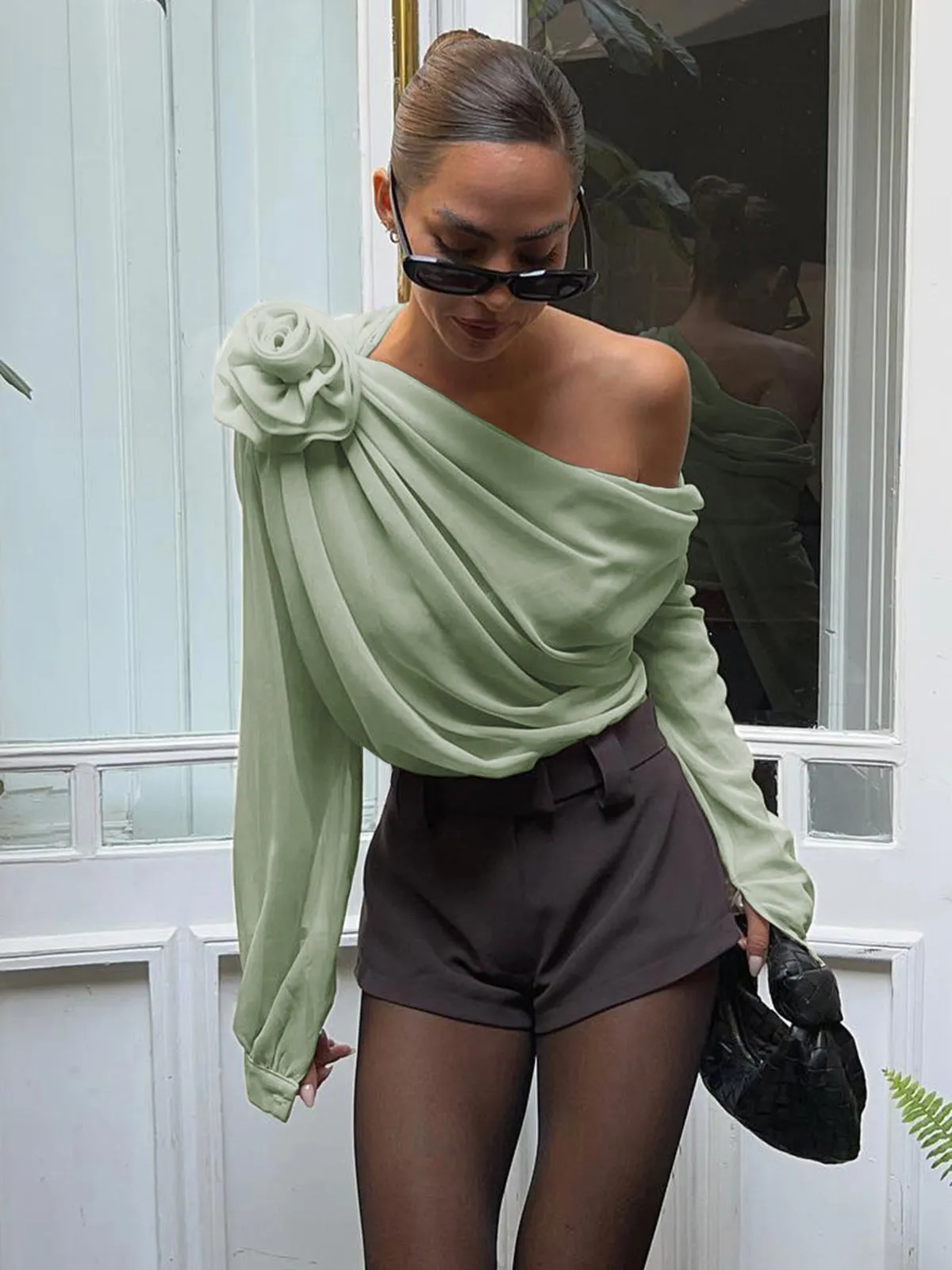 Ivyshape | Chiffon Semi-Sheer One Shoulder Asymmetrical Blouse for Women