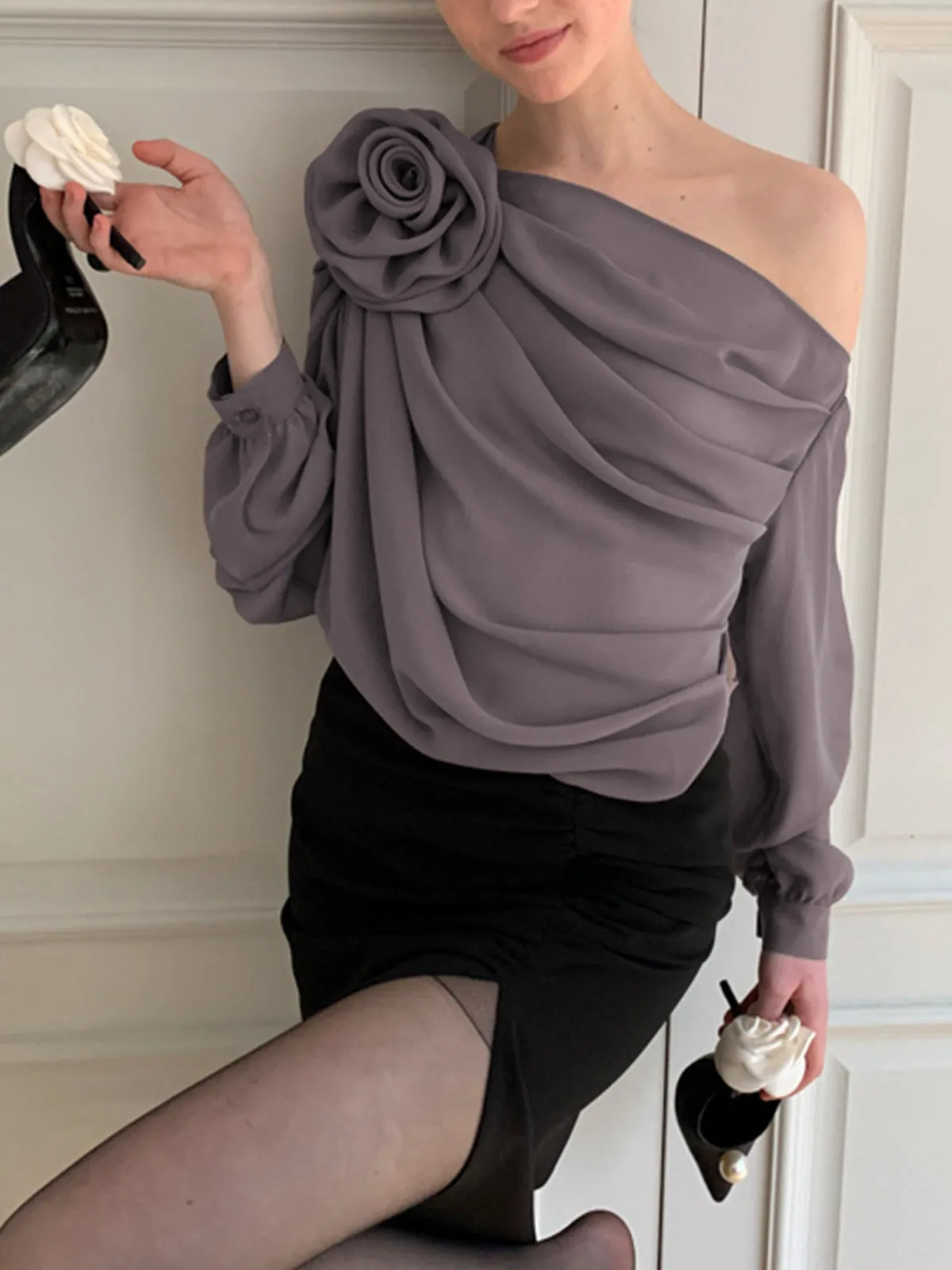 Ivyshape | Chiffon Semi-Sheer One Shoulder Asymmetrical Blouse for Women