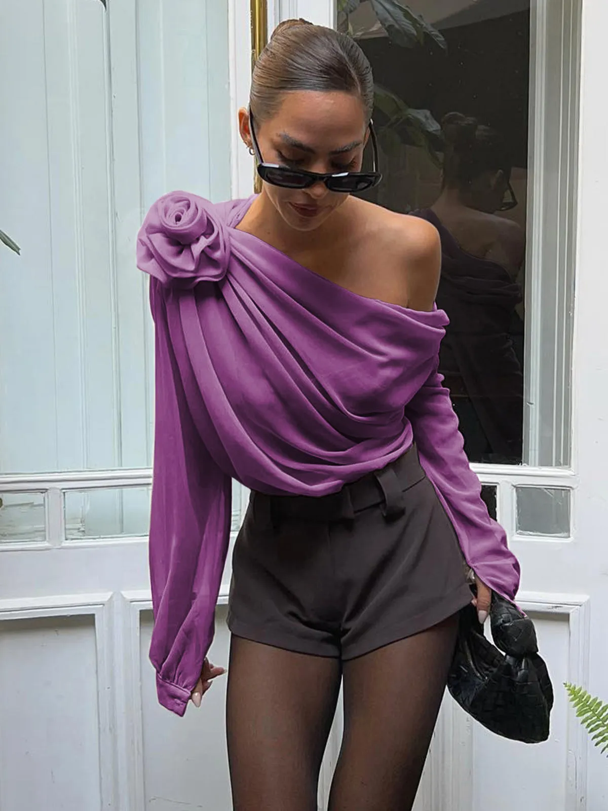 Ivyshape | Chiffon Semi-Sheer One Shoulder Asymmetrical Blouse for Women