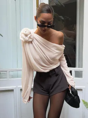 Ivyshape | Chiffon Semi-Sheer One Shoulder Asymmetrical Blouse for Women