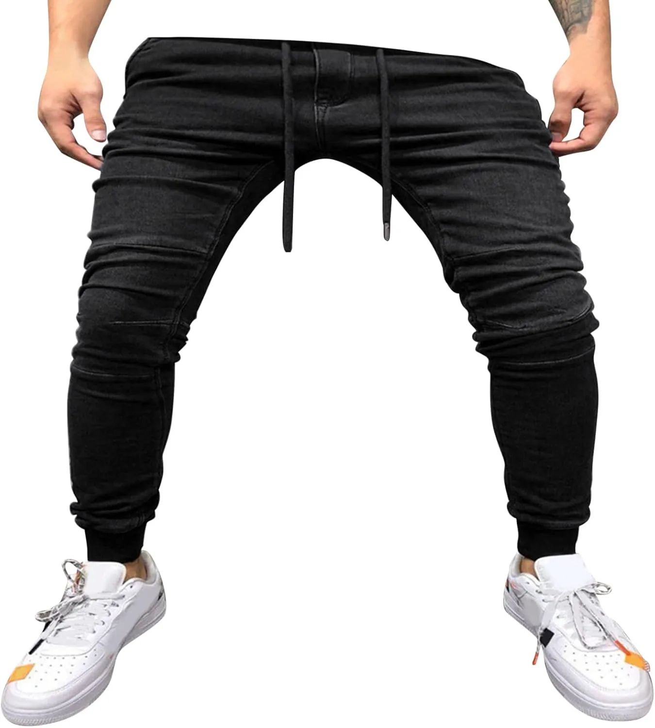 Jeans for Men Slim Fit Men's Loose Drawstring Elastic Waist Denim Pants Lightweight Skinny Jeans Tapered Leg Trouser