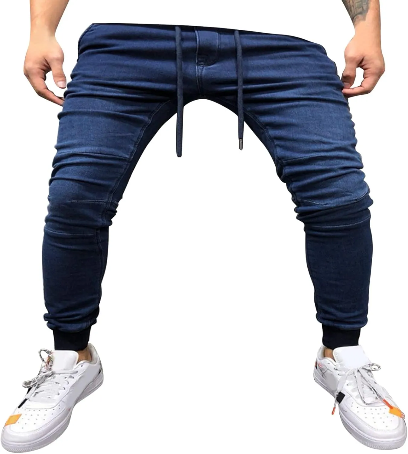 Jeans for Men Slim Fit Men's Loose Drawstring Elastic Waist Denim Pants Lightweight Skinny Jeans Tapered Leg Trouser