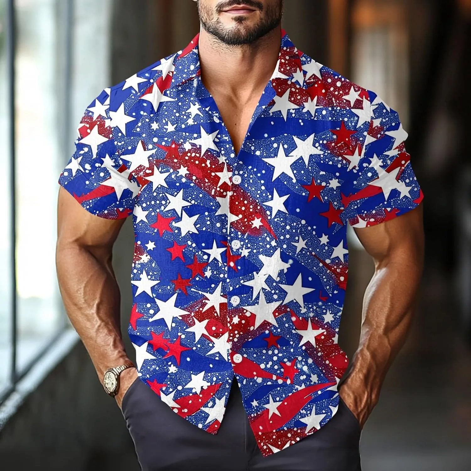 July 4th Shirts for Men Breathable & Casual Button Flag Graphic Short Sleeve 2025