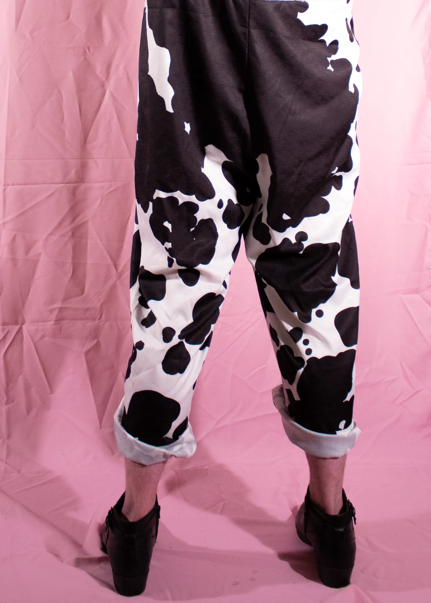 L Cow Print Dungarees in Pink