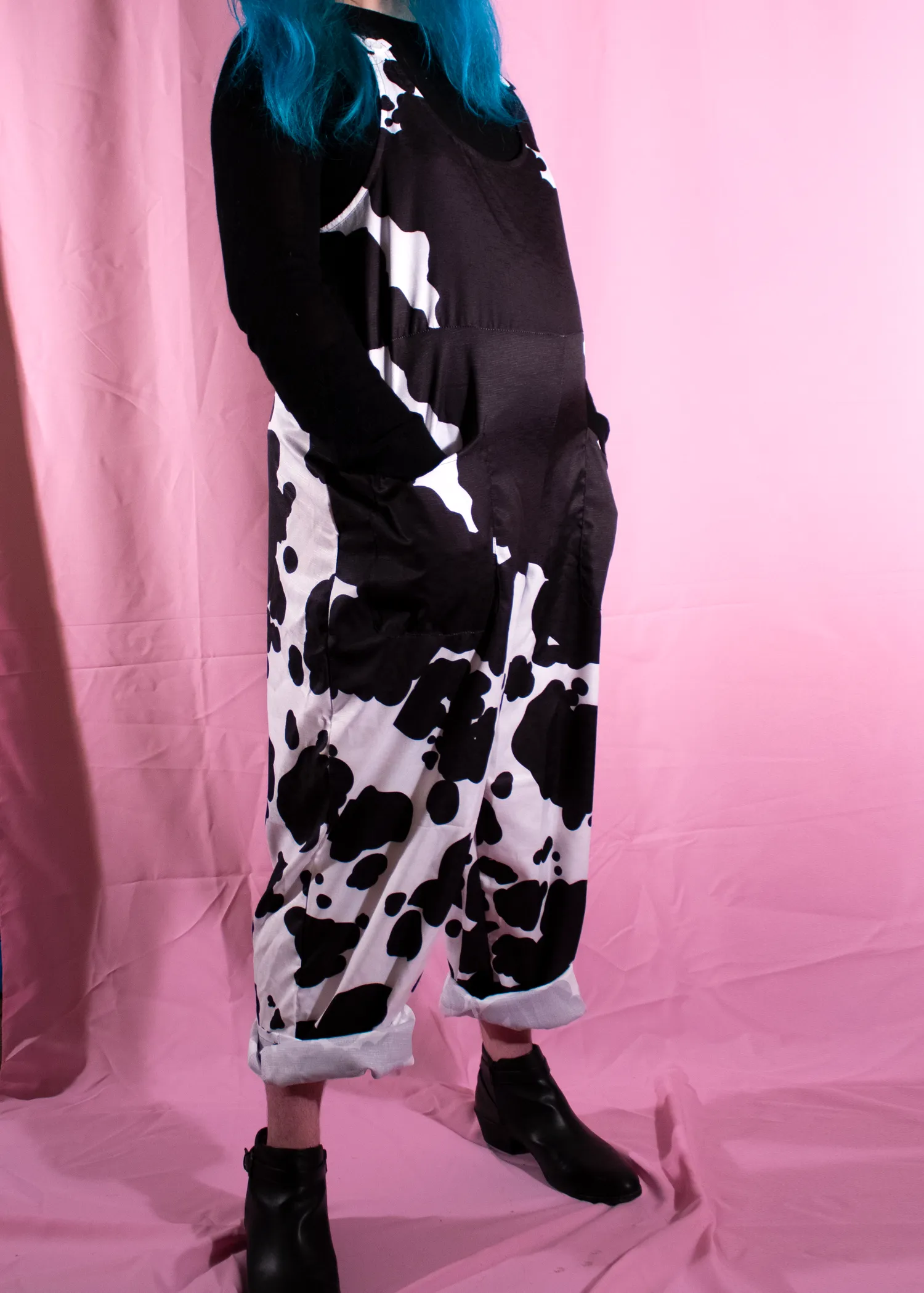 L Cow Print Dungarees in Pink