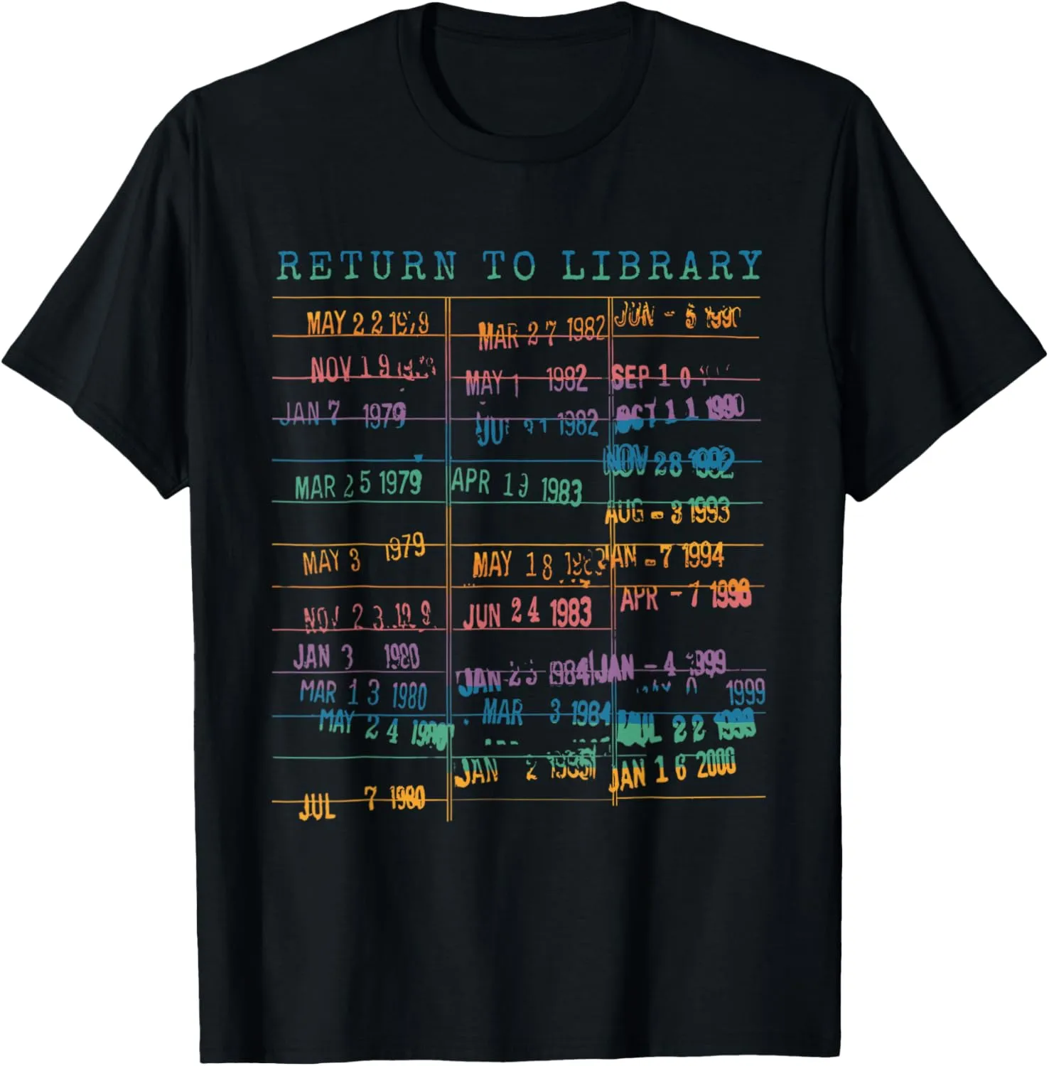 Library Card Vintage Book Due Date Bookish Rainbow Reading T-Shirt