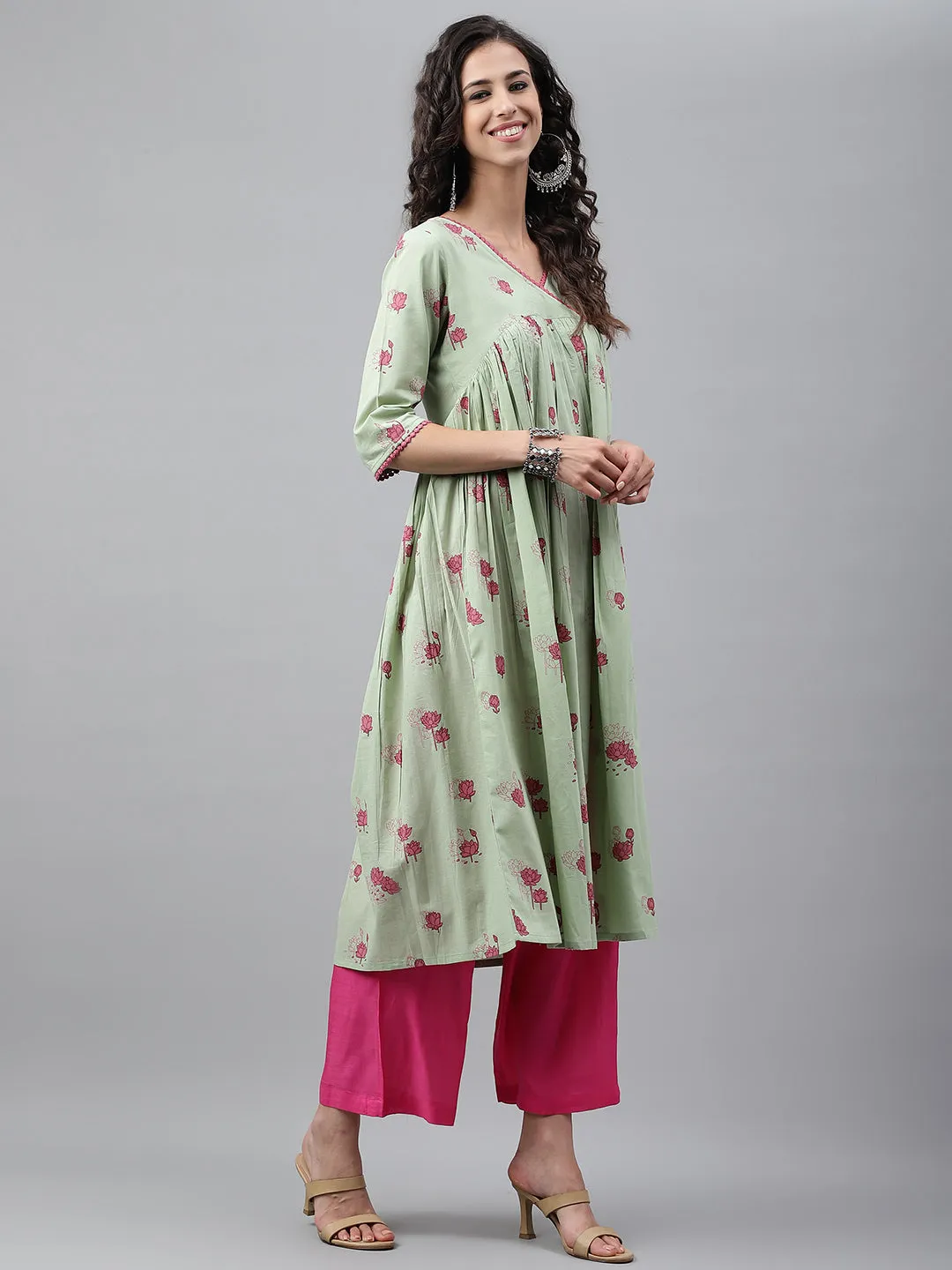 Light Green Cotton Floral Print Flared Kurta