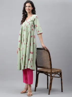 Light Green Cotton Floral Print Flared Kurta