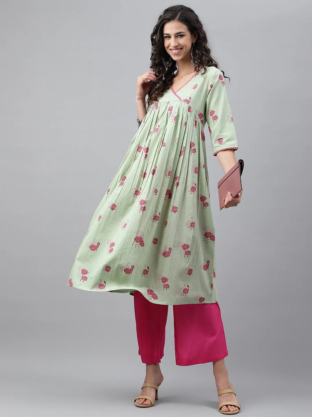 Light Green Cotton Floral Print Flared Kurta