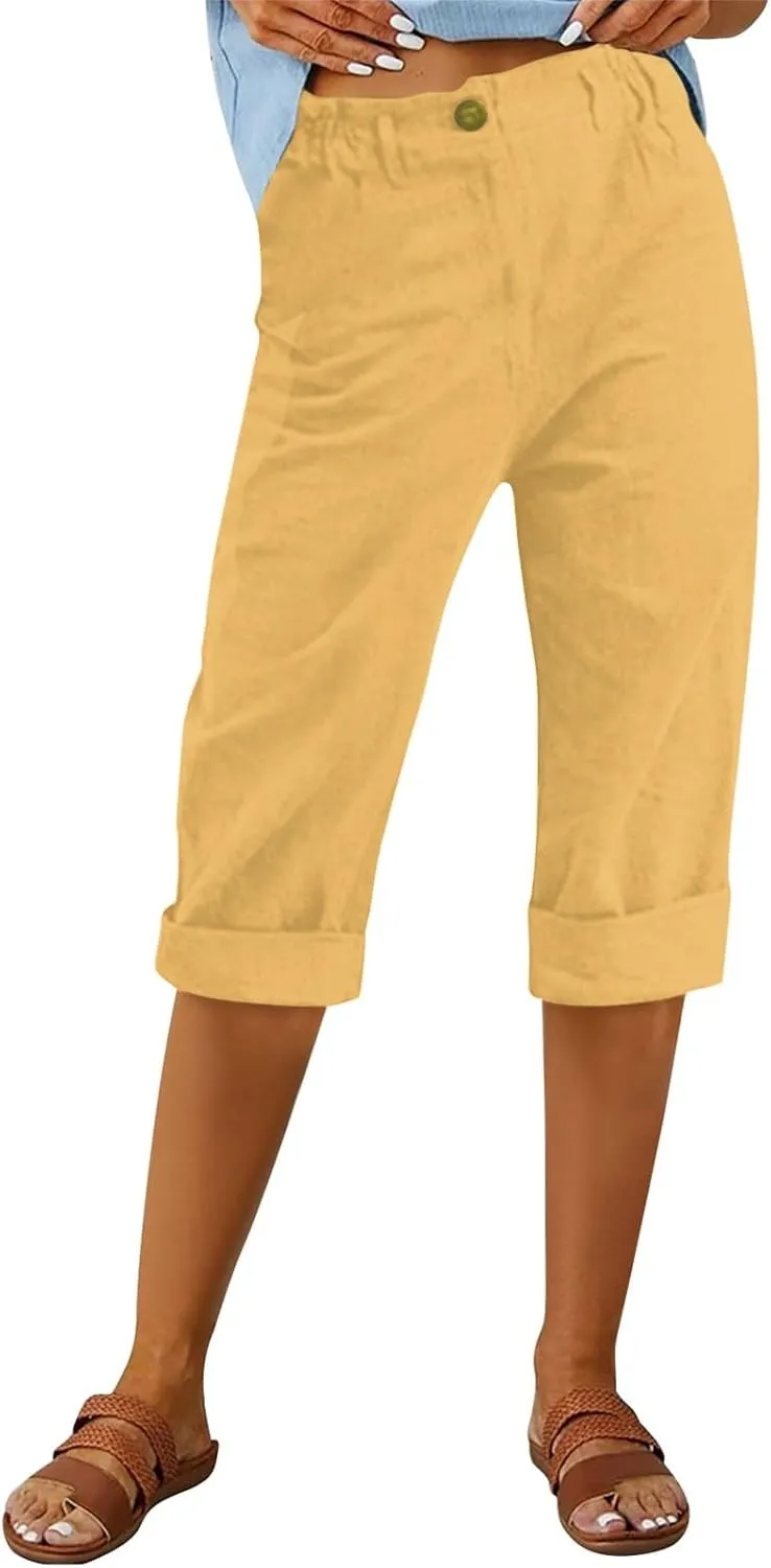 Linen Capri Pants for Women Knee Length Casual Summer Trendy Baggy Beachwear Wide Leg Cropped Trousers with Pockets