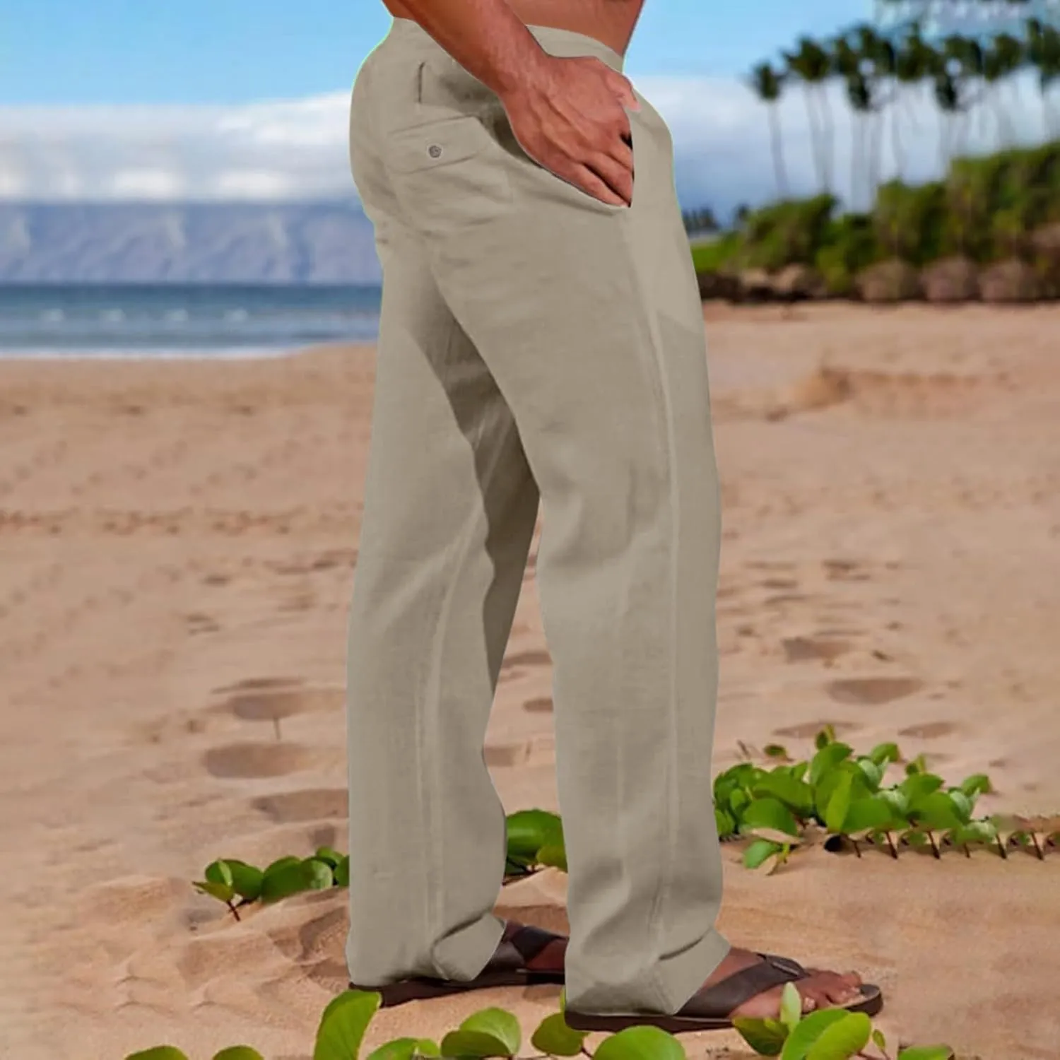 Linen Pants Men Loose Fit Casual Drawstring Summer Beach Pants Lightweight Breathable Flat Front Trouser with Pockets