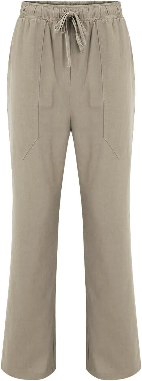 Linen Pants Men Loose Fit Casual Drawstring Summer Beach Pants Lightweight Breathable Flat Front Trouser with Pockets
