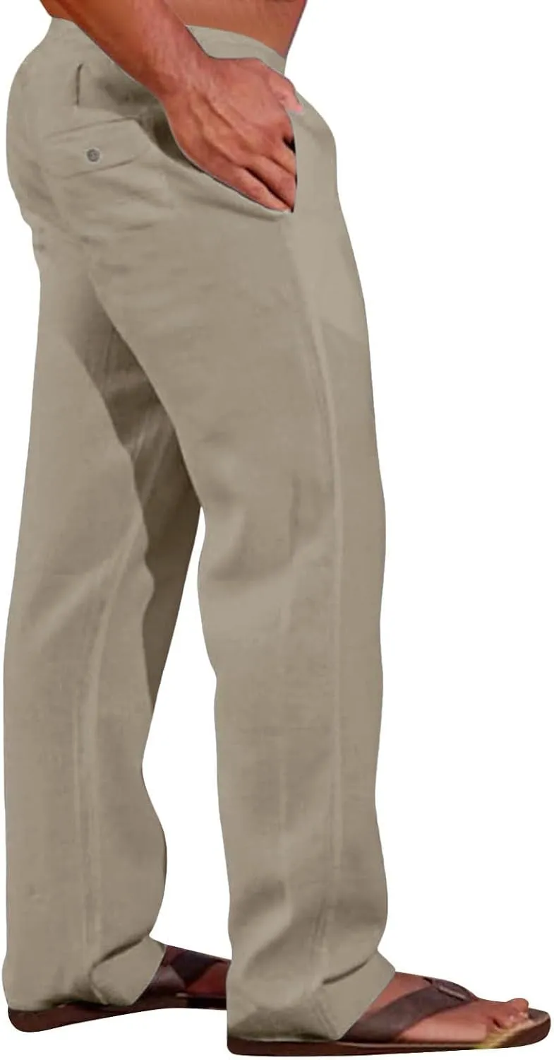 Linen Pants Men Loose Fit Casual Drawstring Summer Beach Pants Lightweight Breathable Flat Front Trouser with Pockets