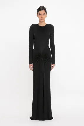 Long Sleeve Gathered Floor-Length Dress In Black