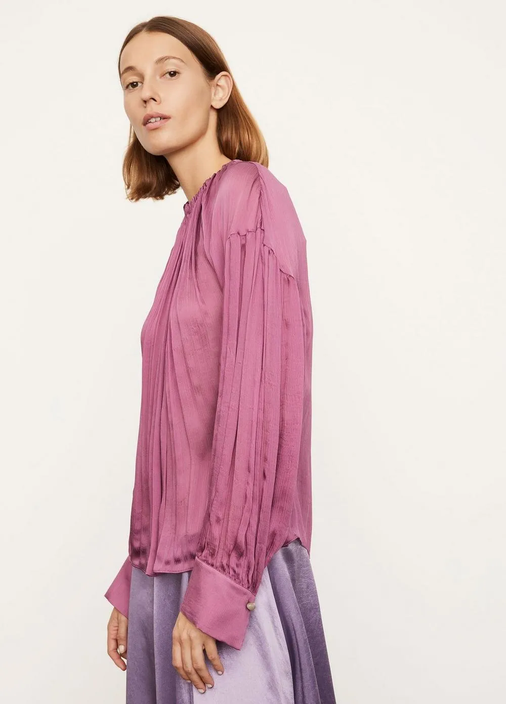 Long Sleeve Shirred Neck Blouse in Camellia
