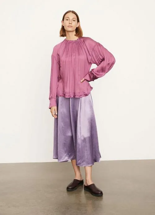 Long Sleeve Shirred Neck Blouse in Camellia