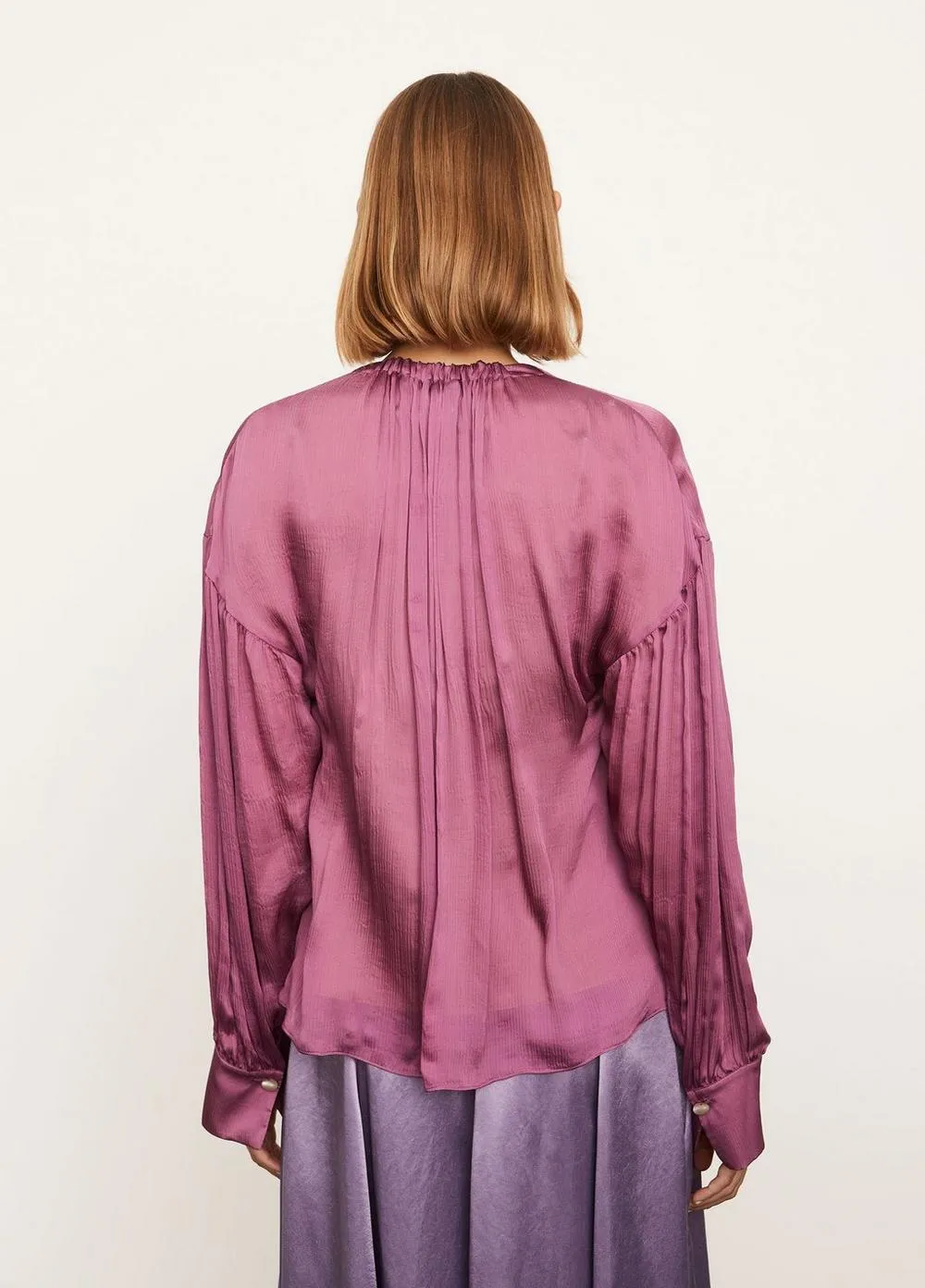 Long Sleeve Shirred Neck Blouse in Camellia