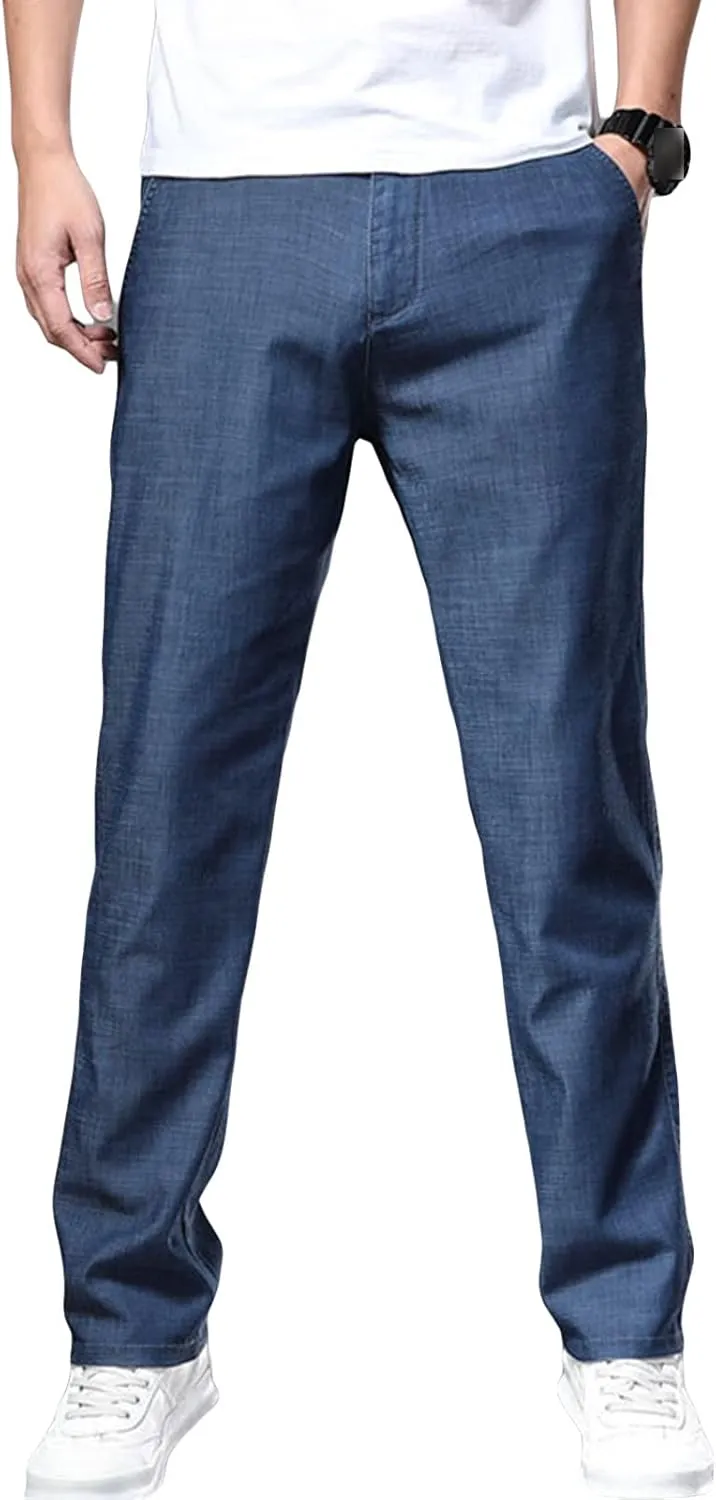 Maiyifu-GJ Men's Straight Fit Stretch Jeans Lightweight Soft Comfort Denim Jeans Solid Color Casual Straight Leg Jean Pants