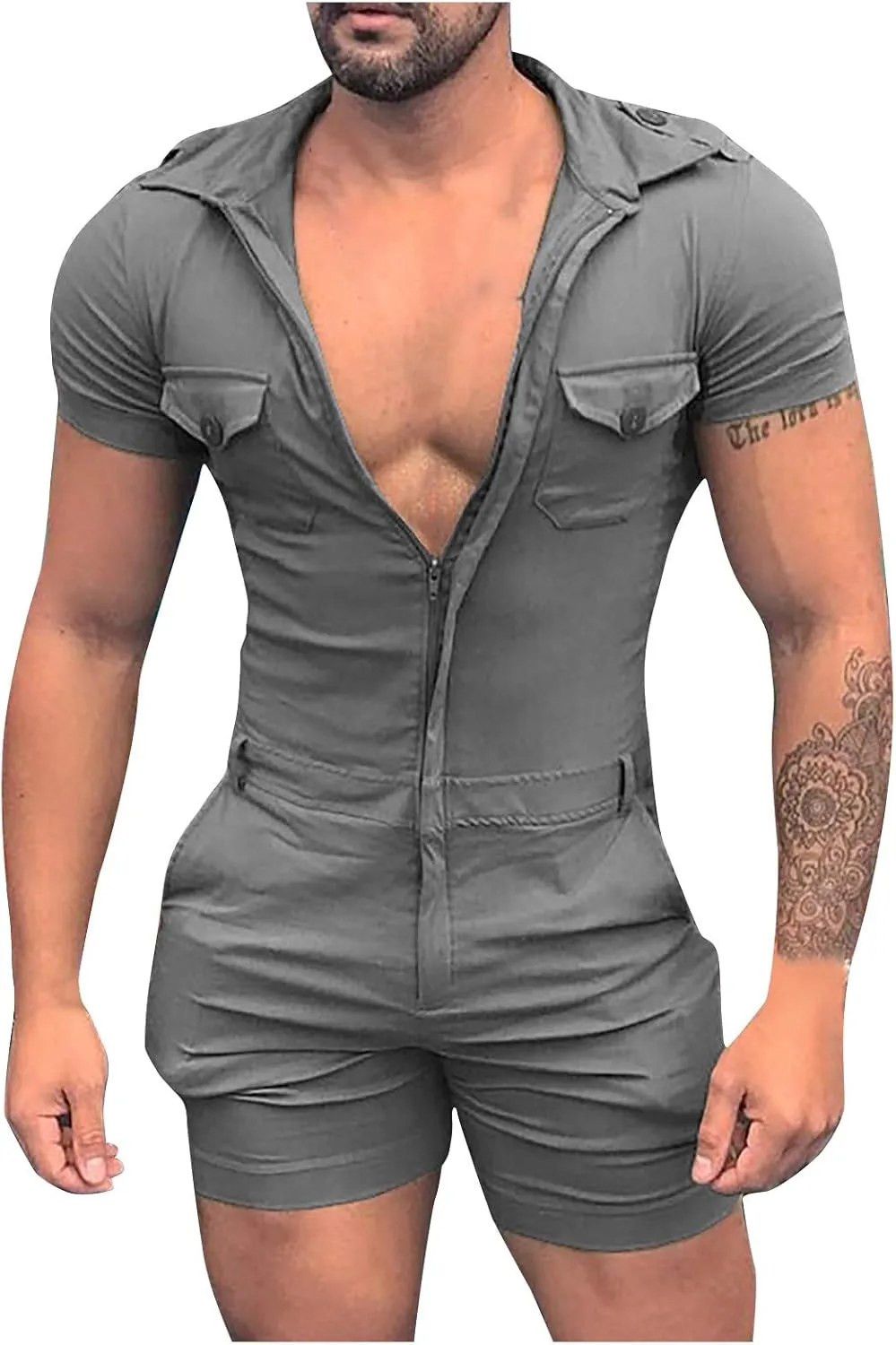 Maryia Mens Casual Summer Beach Jumpsuit Fashion Solid Slim Fit Muscle One Piece Shorts Coverall Tracksuits with Hood