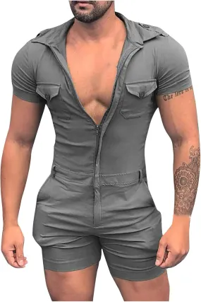 Maryia Mens Casual Summer Beach Jumpsuit Fashion Solid Slim Fit Muscle One Piece Shorts Coverall Tracksuits with Hood