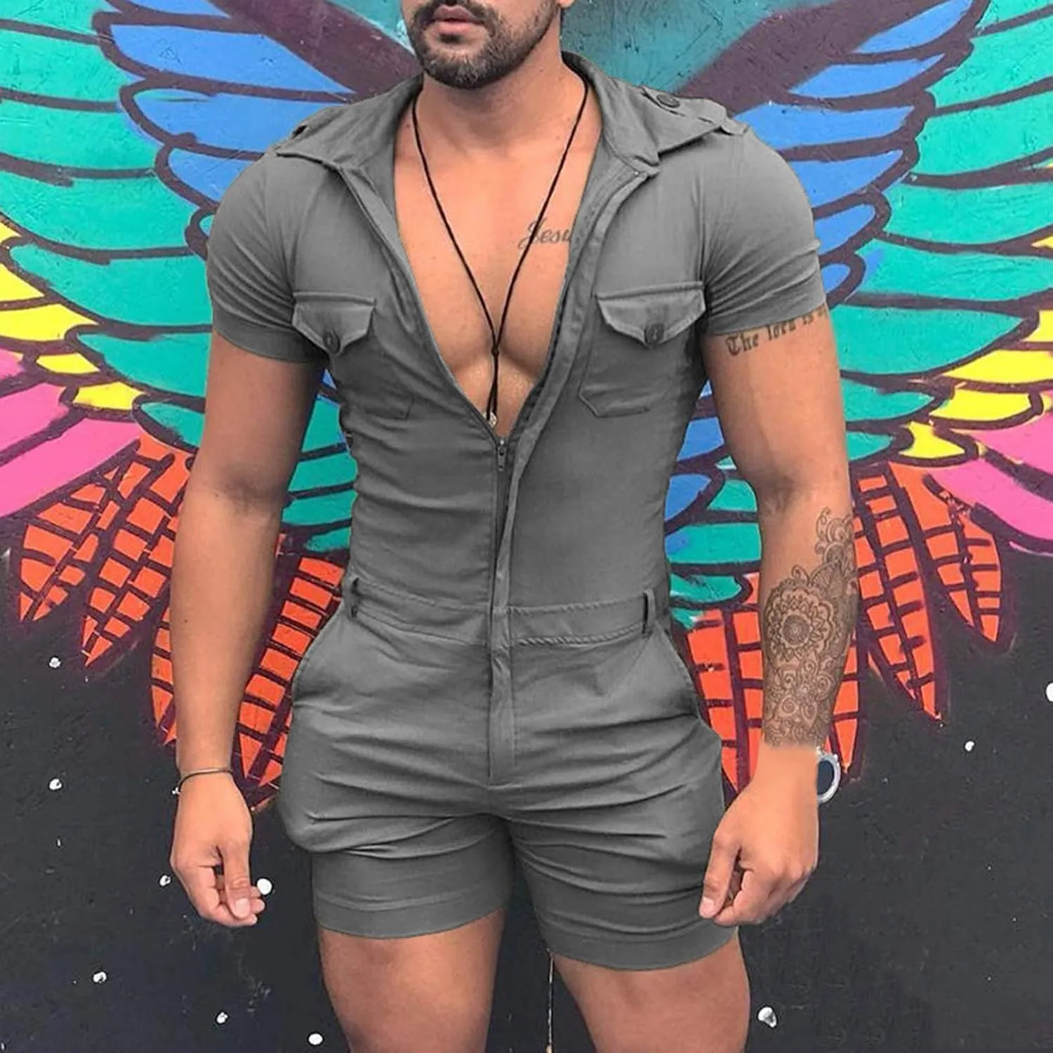 Maryia Mens Casual Summer Beach Jumpsuit Fashion Solid Slim Fit Muscle One Piece Shorts Coverall Tracksuits with Hood