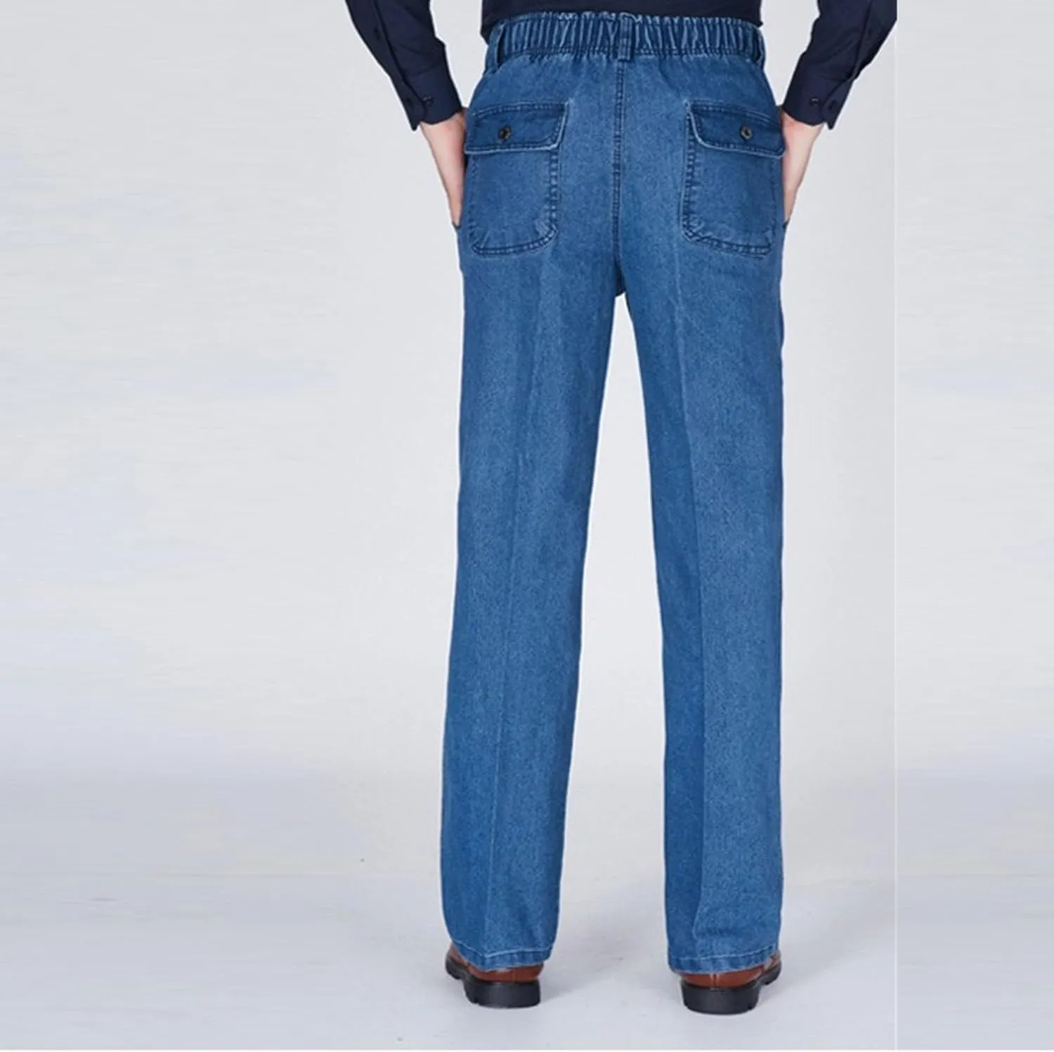 Men's Stretch Straight Leg Denim Pants Loose Fit Elastic Waist Jeans Lightweight Comfort Streetwear Jeans