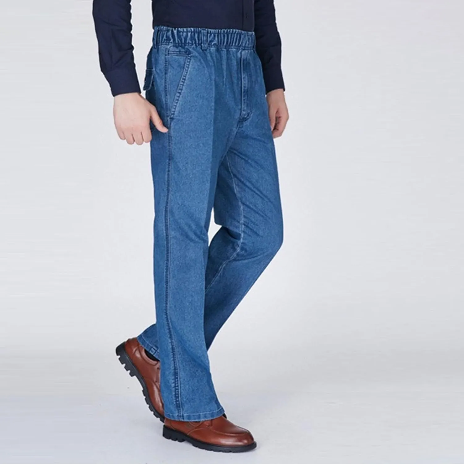 Men's Stretch Straight Leg Denim Pants Loose Fit Elastic Waist Jeans Lightweight Comfort Streetwear Jeans