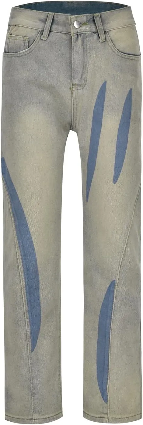 MIDOO Jeans for Men Skinny Stretch Casual Printed Aesthetic Jeans Straight Leg Pants Lightweight Stretch Denim Pant Trouser