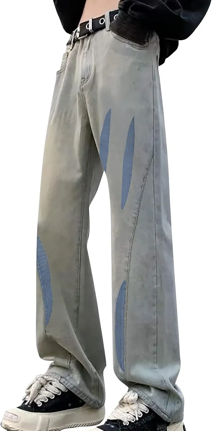 MIDOO Jeans for Men Skinny Stretch Casual Printed Aesthetic Jeans Straight Leg Pants Lightweight Stretch Denim Pant Trouser