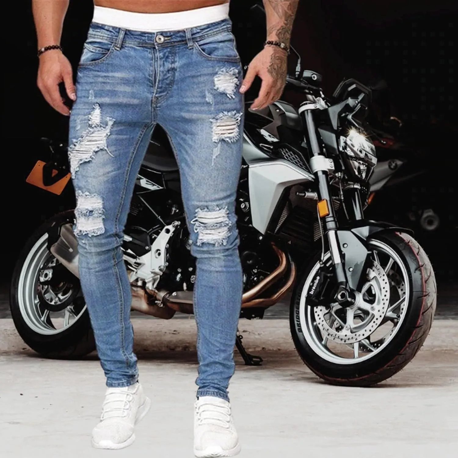 MIDOO Ripped Jeans Men Slim Fit Baggy Jeans Loose Lightweight Denim Pants Soft Skinny Tapered Leg Fashion Pants with Holes