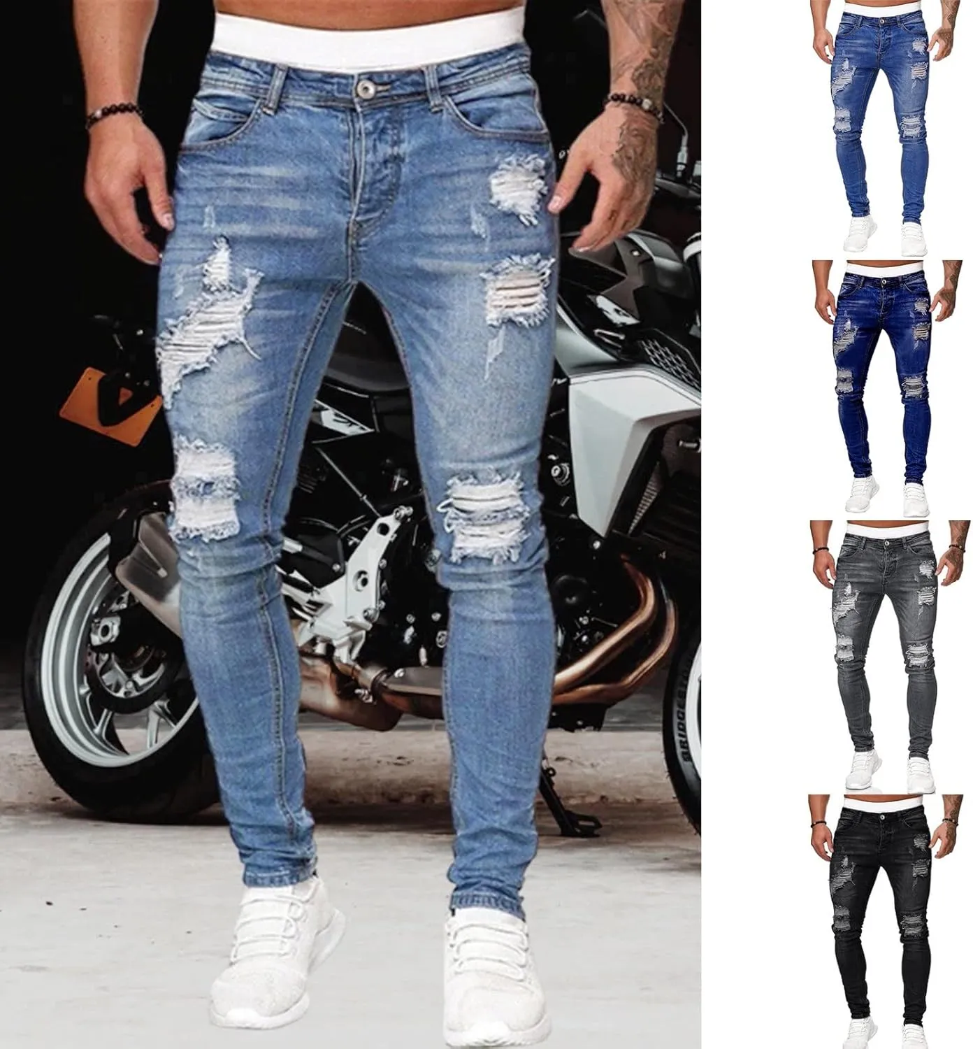 MIDOO Ripped Jeans Men Slim Fit Baggy Jeans Loose Lightweight Denim Pants Soft Skinny Tapered Leg Fashion Pants with Holes