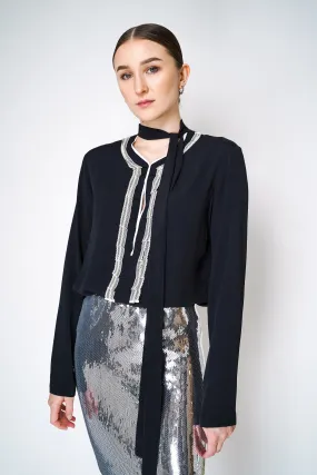 Nº21 Silk Crepe Blouse with Contrasting Lace Bib Front in Black