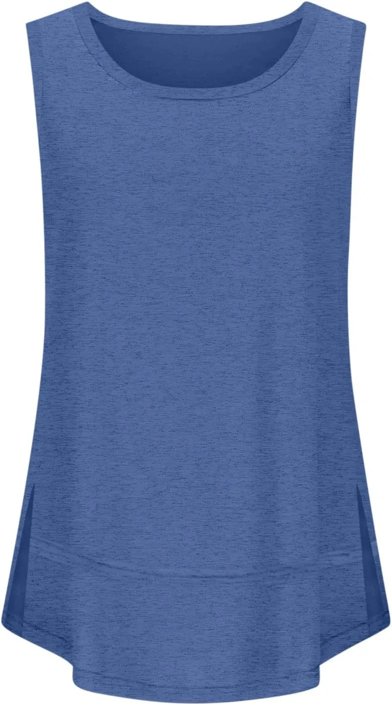 Oversized Tank Tops for Women Patchwork Plus Size Long Camisole Shirt Side Split Hem U Neck Blouse T-Shirt