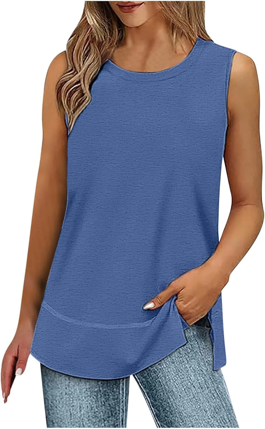 Oversized Tank Tops for Women Patchwork Plus Size Long Camisole Shirt Side Split Hem U Neck Blouse T-Shirt