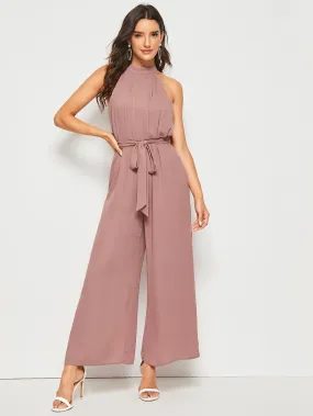 Pastel Pink Sleeveless Split Back Belted Halter Palazzo Jumpsuit