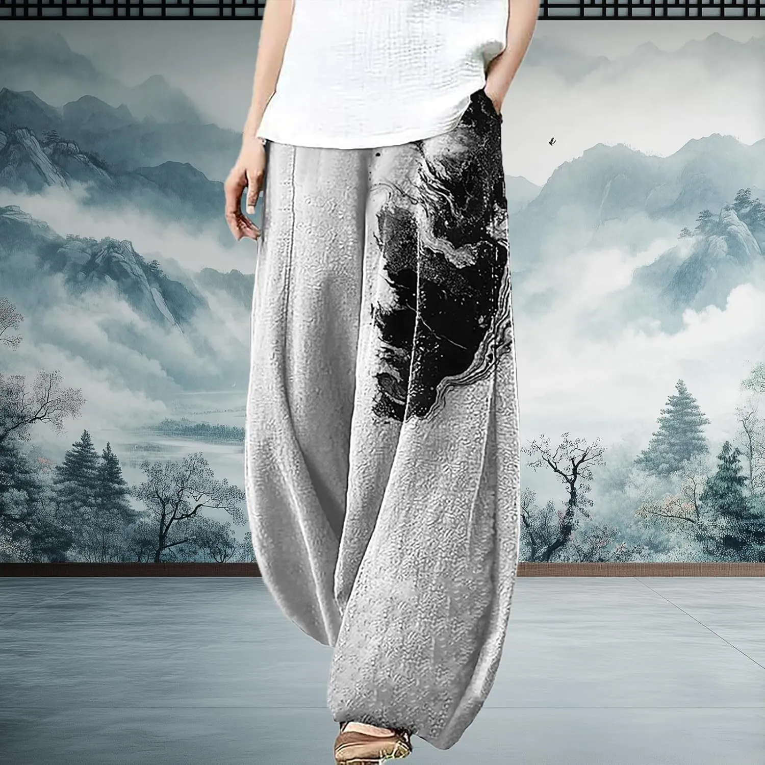 Plus Size Pants for Women Baggy Trendy Lightweight Breathable Loose Graphic Yoga Casual Pants with Pockets