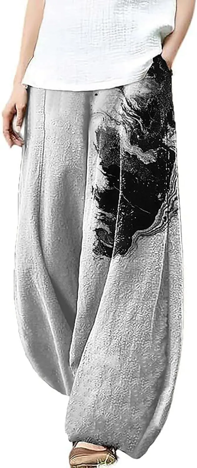 Plus Size Pants for Women Baggy Trendy Lightweight Breathable Loose Graphic Yoga Casual Pants with Pockets