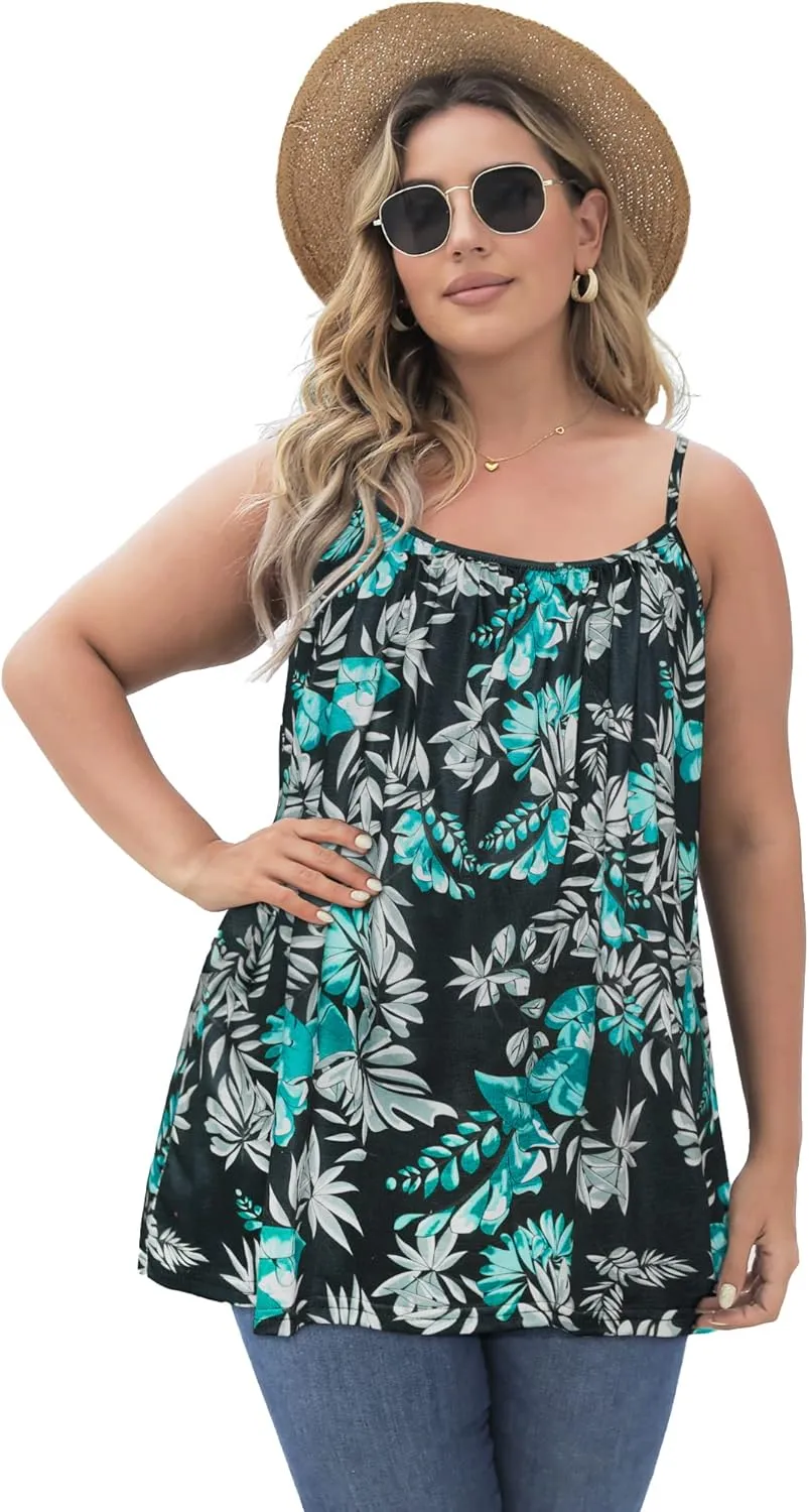 Plus Size Tank Tops for Women Boho Floral Loose Cami Spaghetti Strap Tunic Blouses