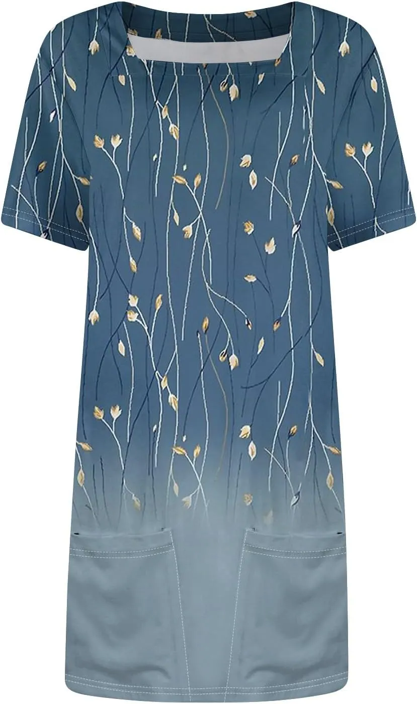 Purple Dress 2025 Novelty Women's Lightweight Solid Dress Elegant Square Neck Short Sleeve Floral Graphic Dress with Pockets