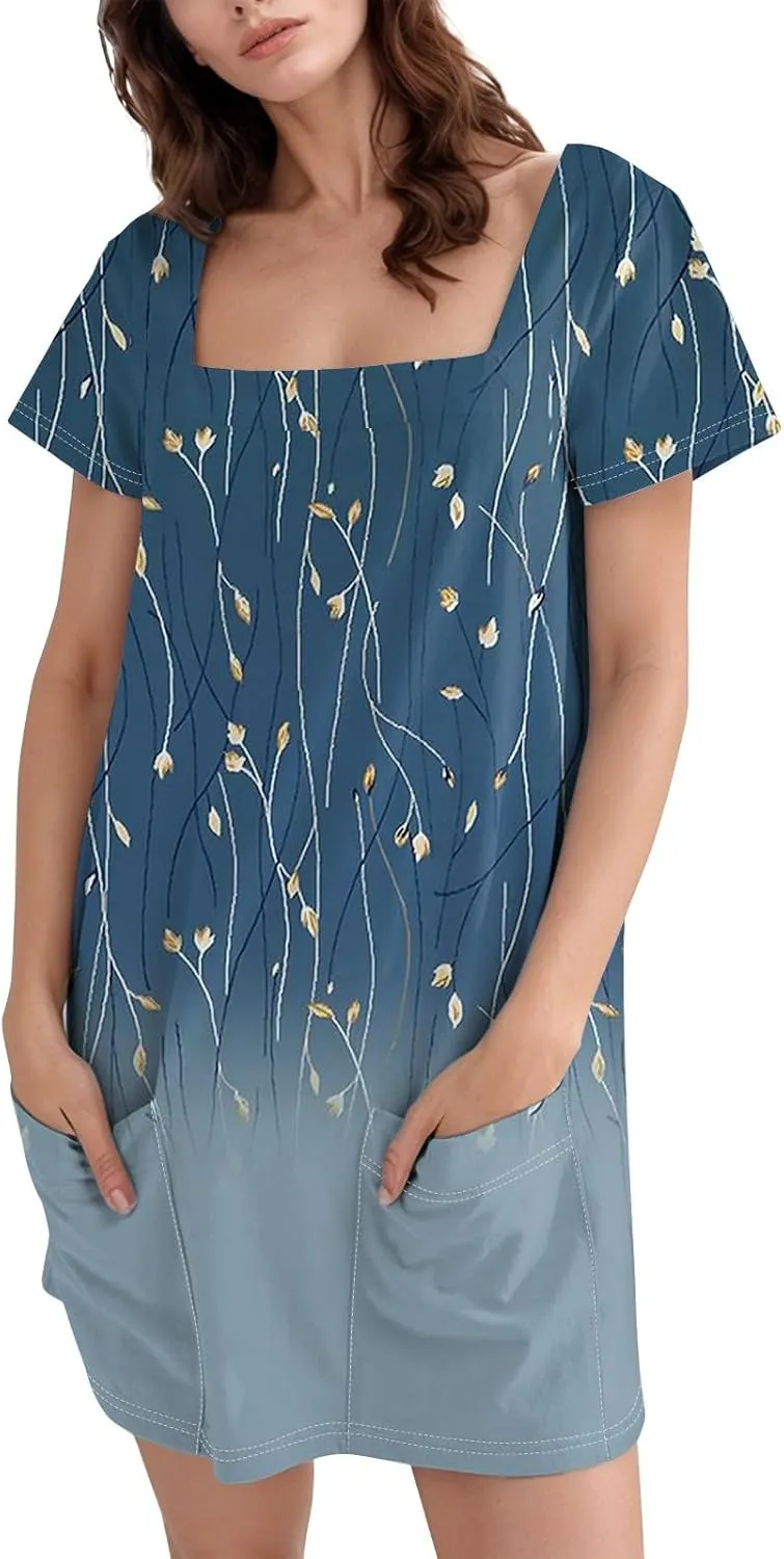 Purple Dress 2025 Novelty Women's Lightweight Solid Dress Elegant Square Neck Short Sleeve Floral Graphic Dress with Pockets
