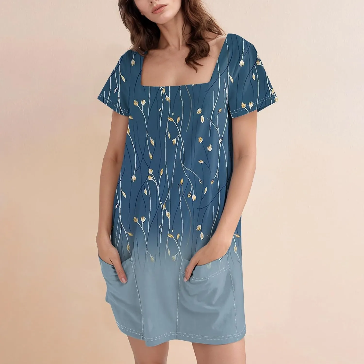 Purple Dress 2025 Novelty Women's Lightweight Solid Dress Elegant Square Neck Short Sleeve Floral Graphic Dress with Pockets