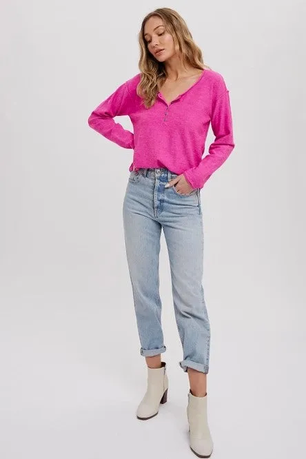 Reverse Seam Henley Top in Pink