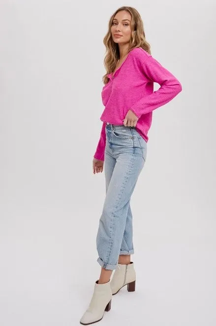 Reverse Seam Henley Top in Pink