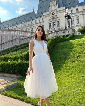 Rochie eleganta pentru cununie civila midi fara maneci